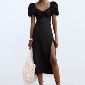 LINEN-BLEND MIDI DRESS WITH PUFF SLEEVES